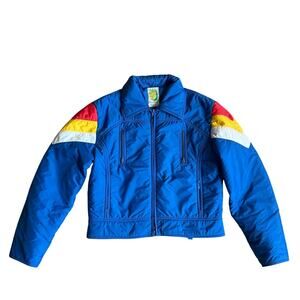 Vintage 70's SKYR Ski Jacket Puff Coat Blue Rainbow Strip Nylon Insulated XL
